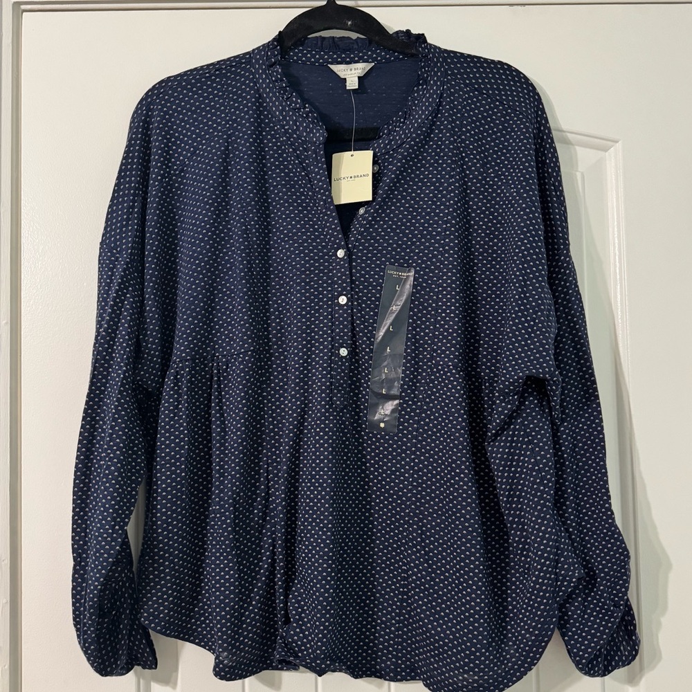 NWT Women’s Lucky Brand Size L Navy Blue Blouse Ruffle Neckline Button Up